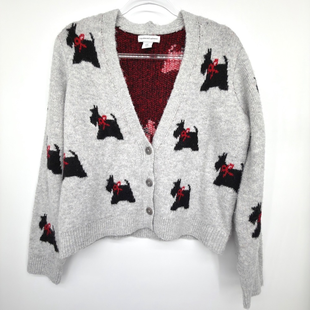 Cupcakes and Cashmere Scottie Dog Cardigan Sweater Women's Medium Gray Knit